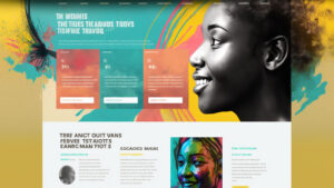 Zrzut ekranu z nowoczesnym projektem strony internetowej stworzonej dla fundacji charytatywnej, z intuicyjnym interfejsem użytkownika, kolorowym designem i przyciskami nawigacyjnymi ułatwiającymi przeglądanie treści